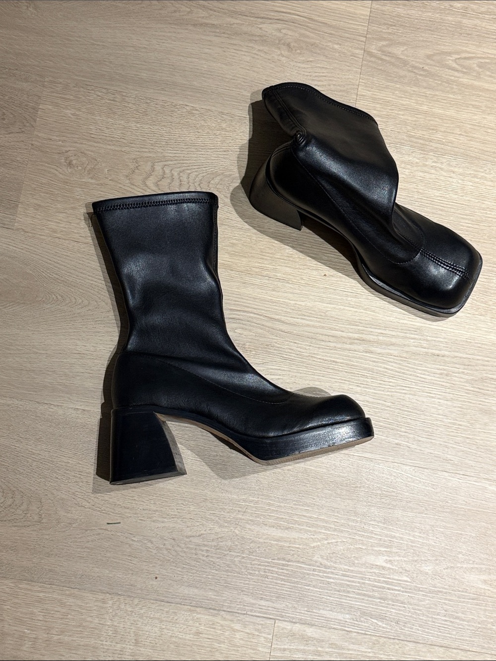 L'Intervalle Black Leather Square Toe Block Heel Boots Size 39 Spain